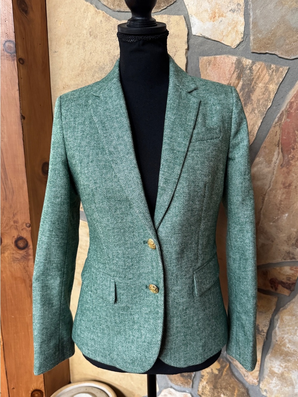 J. Crew Schoolboy Blazer BJ827 Herringbone Wool Blend Contrast Lining Green (2) - Picture 4 of 17